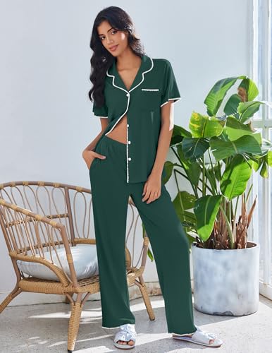 Image of Ekouaer Pajamas for Women Set Button Up Soft Pjs Short Sleeve 2 Piece Lounge Sets Comfy Sleepwear