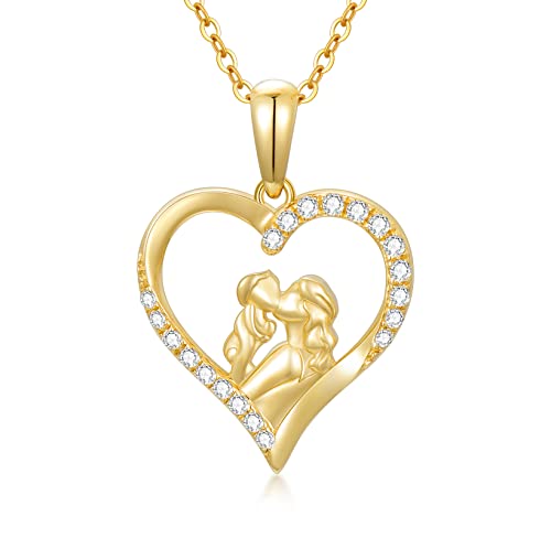 14K Solid Gold Mom Necklace for Women Mother and Daughter Love Heart Pendant Necklace Jewelry Gift for Mothers Day Birthday