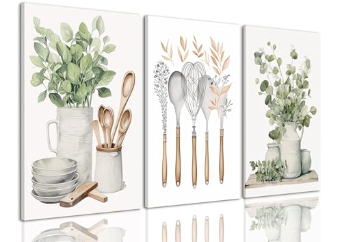 AOYUSMO 3 Piece Canvas Wall Art Kitchen Wall Art Sage Green Pictures Botanical Paintings Farmhouse Artwork Eucalyptus Nature Art Prints for Dining Room 12'x16'
