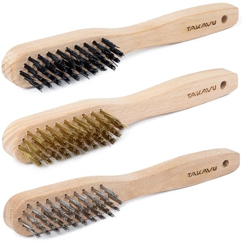 41YYNd+6ePL. SL500 TAKAVU 3pc Small Wire Brush Set (Wood Handle) - Stainless Steel, Brass & Nylon Bristles for Cleaning Rust, Paint, Dirt & Heavy Duty Scrubbing