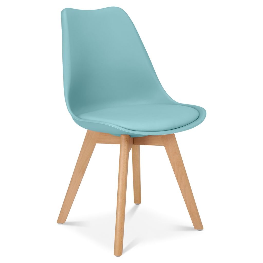 Bravich Rocco Dining Chair with Cushion Pad Seat, Duck Egg Blue Plastic Kitchen Chair with Wooden Legs, Modern Single Accent Chair for Dining Room, Bedroom, Dressing Table and Vanity