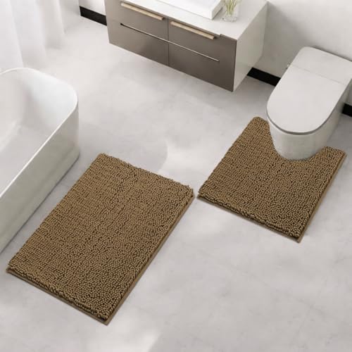 Image of LUXEHOME International Microfibre Chenille Contour Bath Mat Set for Bathroom, Anti Slip Super Absorbent Quick Dry Washable Bathroom Mats, Solid (Chocolate 40x60cm & 47x47cm) Pack of 2