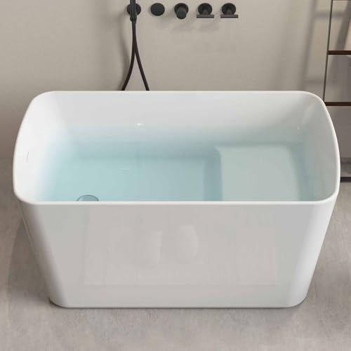 49" Rectangular Freestanding Soaking Bathtub with Chrome Overflow and Drain, Acrylic Stand Alone Tub with Seat, Japanese Soaking Tub for Bathroom, R-Corner Design, Ergonomic (White+Seat, 49")