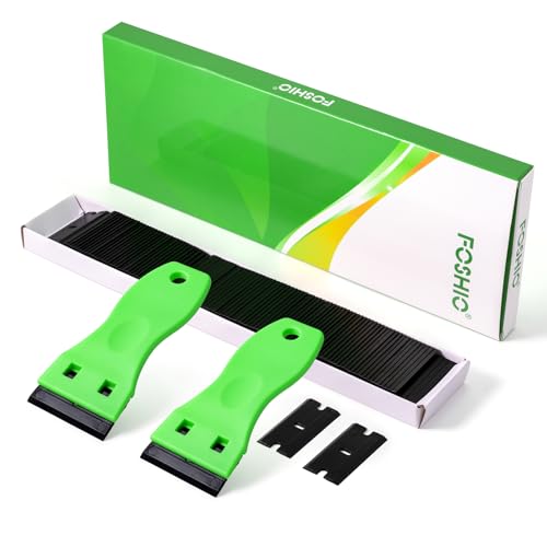 FOSHIO 2 pcs Grattoirs, Grattoir pour Plaque Vitrocéramique Verre Plaque Grattoir avec 100 raclettes de en Plastique, pour enlever Les étiquettes(vert fluorescent)