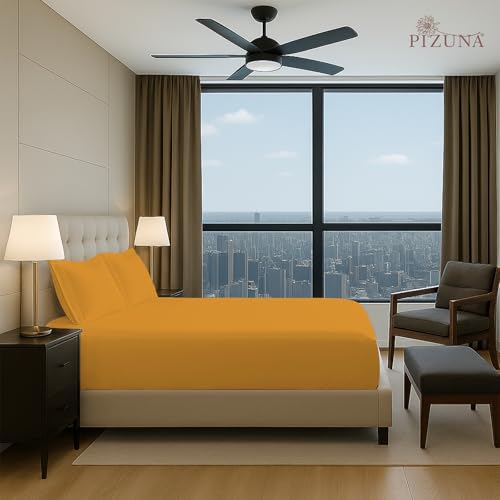 Image of Pizuna 100% Cotton Fitted Bedsheets King Size 400 Thread Count Long Staple Cotton Sateen Fitted Bedsheet 74x78 Inch with 2 Pillow Covers, Honey Gold Elastic Fitted Bedsheets King Size fits 12 Inch