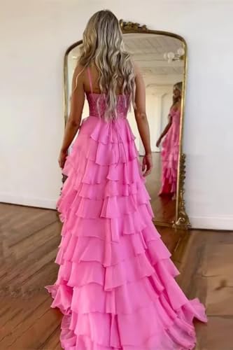 Lace Tiered Prom Dress with Slit 2025 Ruffle Sweetheart Spaghetti Strap Chiffon Formal Evening Dress3