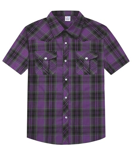Image of COSLAND Boy's Toddler Cotton Western Short Sleeve Button Down Plaid Shirt, 4-14 Years