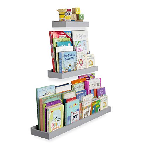 Wallniture Philly Floating Shelves for Wall, Wood Tray Kids' Bookshelf and Toy Storage Shelves Set of 3, Gray