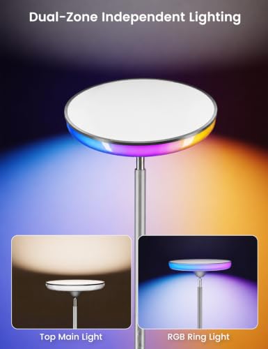 Image of UFO LED Torchiere Floor Lamp with RGB Ambient Light, 42W 3700LM Bright Dimmable Sky Lamp,71in Modern Tall Standing Lamp with Remote Touch Control&Timer,for Living Room Bedroom Office Gaming Room,Gray