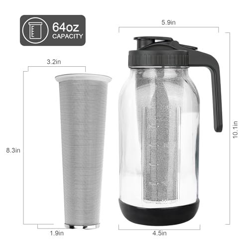 Image of Cold Brew Coffee Maker, 64oz Mason Jar Pitcher with Stainless Steel Filter, Sealed, Leak-Proof Lid with Pour Spout & Handle, Heavy Duty Glass Iced Coffee Tea Brewer with Non-Slip Silicone Base-Black