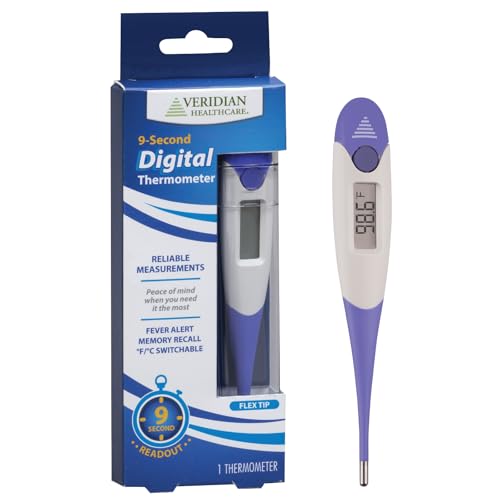 Veridian Digital Thermometer | 9-Second Readout | F C Temperature Modes| Flexible Tip | Hygienic Water-Resistant Easy Cleaning | Storage Case + Instructions Included