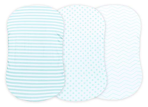 Nodnal Co. 3 Fitted Bassinet Sheets Mint Set Baby Girl/Boy - 100% Oeko-Tex Cotton - Gender Neutral Chevron Polka Dot Stripe Universal Fit - Cradle/Moses Basket Hourglass Oval Rectangle Mattress Sheet #TOP2