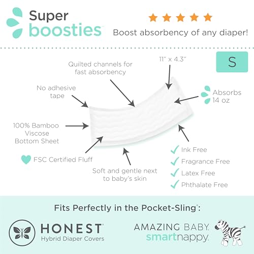 Image of Overnight Diaper Leak Stopper, Super Boosties Disposable Inserts, Use with Pampers Sizes 2-6, Honest Hybrid Diaper Cover Sz Small, Amazing Baby Cover Sz 2, Pocket-Sling Compatible, 4.3x11 in, 32 count