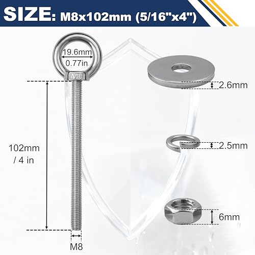 Image of 4 Pack M8 Stainless Steel Eye Bolts with Nuts,5 /16 inch x 4 inch Eye Bolts