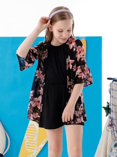 Image of GORLYA Girl's Floral Print Chiffon Beach Cardigan Cover ups Kids Casual Kimono Capes Swimsuit Wraps