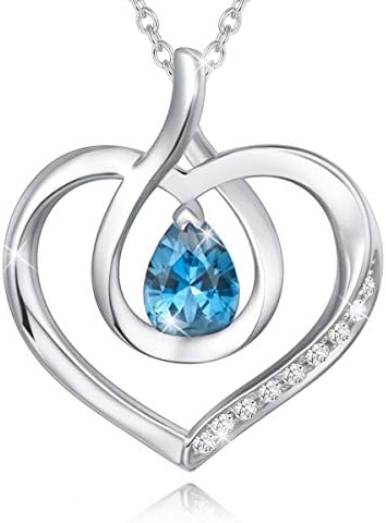 AGVANA Love Heart Birthstone Necklace Jewellery, 925 Sterling Silver Handmade Cubic Zirconia Pendant Mother's Day Birthday Anniversary Jewellery Gifts for Her Girlfriend Mum Wife, Chain Length 40+5 cm