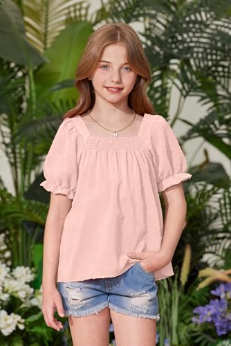 Image of BesserBay Girls Summer Puff Short Sleeve Square Neck Tee Shirts Ruffle Smocked Blouses Cute Swiss Dot Tops 5-14 Years