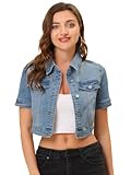Allegra K Casual Jacket for Women's Short Sleeves Crop Jean Denim Jacket Medium Light Blue