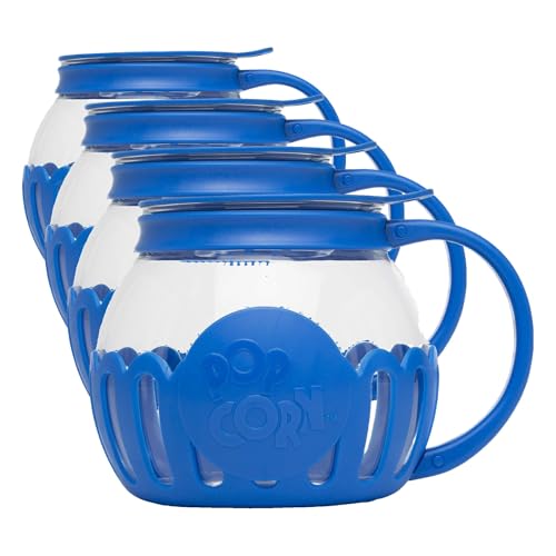 Image of Ecolution Patented Micro-Pop Microwave Popcorn Popper with Temperature Safe Glass,3-in-1 Lid Measures Kernels and Melts Butter,Made Without BPA,Dishwasher Safe,1.5-Quart,Blue,(Pack of 4)