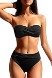 Tempt Me Women Black Bandeau Bikini Set Twist Strapless Two Piece Swimsuit High Cut High Waisted Bathing Suits L