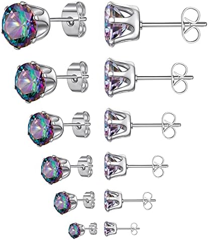 6 Pairs Stud Earrings Set,Clear Cubic Zirconia 316L Stainless Steel Earrings for Women for Men 3-8mm Colorful Stone