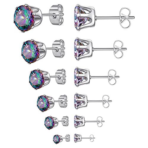 6 Pairs Stud Earrings Set,Clear Cubic Zirconia 316L Stainless Steel Earrings For Women For Men 3-8Mm Colorful Stone #TOP9