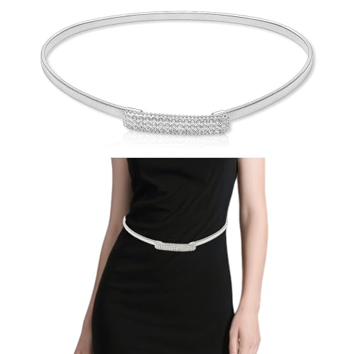 Women's Silver Rhinestone Waist Chain Belt - Adjustable Elastic Metal Belt For Dresses - Shiny Bridal Belt Or Casual Stretch Waistband For Women