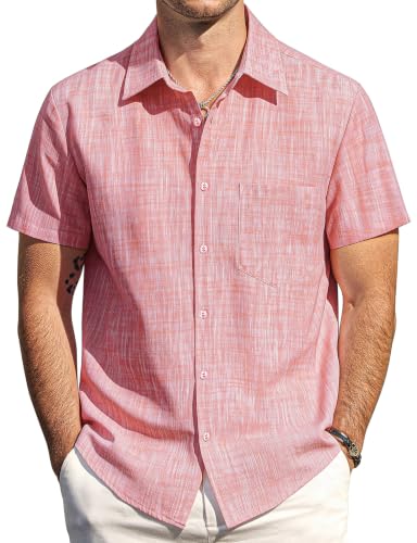 AOTIK Mens Cotton Linen Shirt Button Down Short Sleeve Shirt L Orange Red
