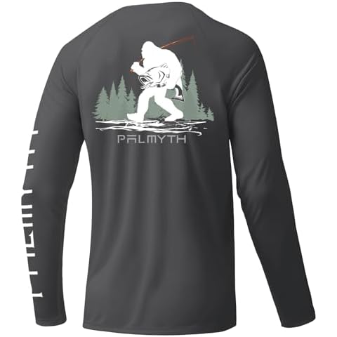 Palmyth Mens Fishing Shirts Sun Protection T-Shirts UV UPF 50+ Long Sleeve Rash Guard Tee Charcoal Bigfoot Walking M Cover
