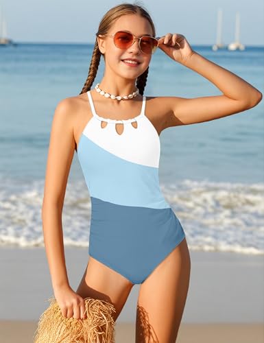 Image of KANGKANG Girls Swimsuit Quick Dry Cut Out One Piece Swimsuits with Tropical Print Cover Up Skirt Bathing Suit Swimwear 7-18Y