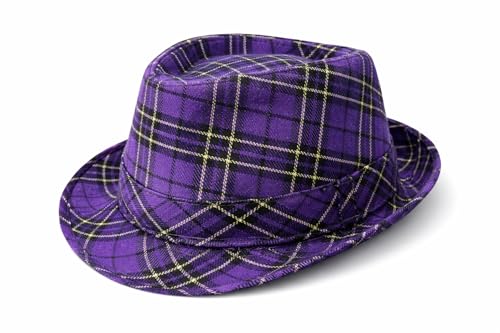 GiftExpress Mardi Gras Fedora Hat Purple Plaid Costume Party Hat for Men and Women Parade & Photo Booth Accessory One Size Fits Most Adults