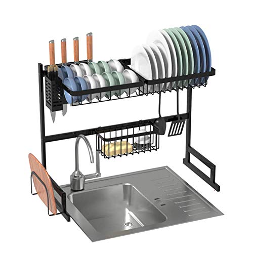 Kitchen Dish Drainer Regal über Waschbecken, Geschirrkorb mit Utensilienhalter, Edelstahl Geschirrtrockner Organizer Counter Black 65cm (26inch)