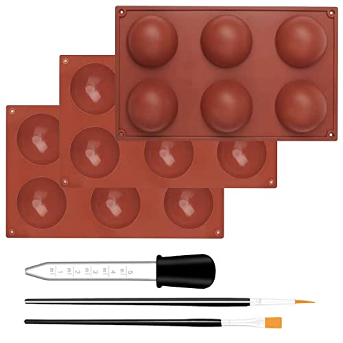 3 Stück Halbkugel-Silikonform mit Tropfern & 2 Fondant Bürsten,6,5CM Große Schokoladenform mit 6 Hohlräumen,für Pralinen Hohlkörper,Schokobomben,Kuchen, Gelee, Dome-Mousse Cover