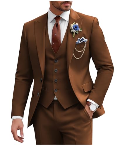 SPTALLFITJSV Men Suit Brown 3 Pieces Wedding Suit for Men Blazer Jacket Vest Pants Brown Outfits for Son Athletic Fit Suits Breathable Big and Tall XL