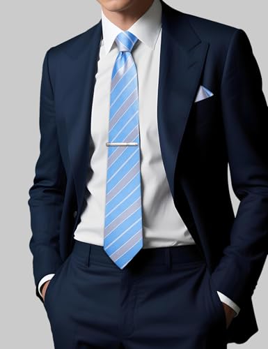 Image of DiBanGu Mens Striped Tie Silk Woven Necktie and Pocket Square Cufflinks Tie Clip Set Wedding Business Formal Gift Tie for Men