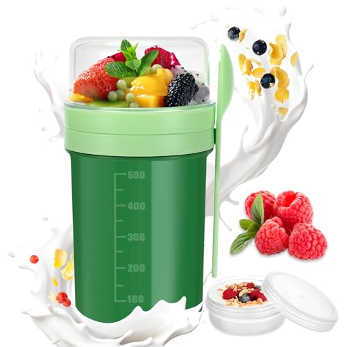 Overnight Oats, Pot yaourt avec Couvercle et CuillèRe, Verres à Flocons d’avoine pour la Nuit, 250+550 ml Tasse à Yaourt Réutilisable, pour céréales à emporter, yaourt, avoine, lait, fruits (Vert)