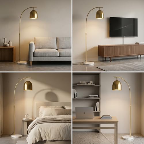 Image of Floor Lamp 3-Color CCT (Warm + Natural + Cold White) Arc Gold Metal with Marble Base | E27 | Standing Lamp for Living Room Bedroom