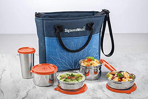 Signoraware Stainless Steel Official Steel Lunch Box with Bag, Set of 5 (380ml+380ml+500ml+500ml+370ml, Red)