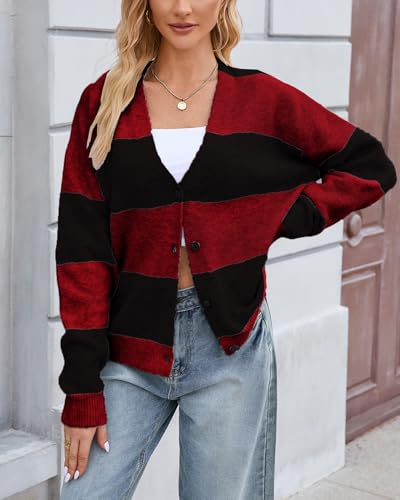 Image of YEXPINE Unisex Striped Cardigan Sweaters Open Front Long Sleeve Oversized Button V Neck Knit Outwear