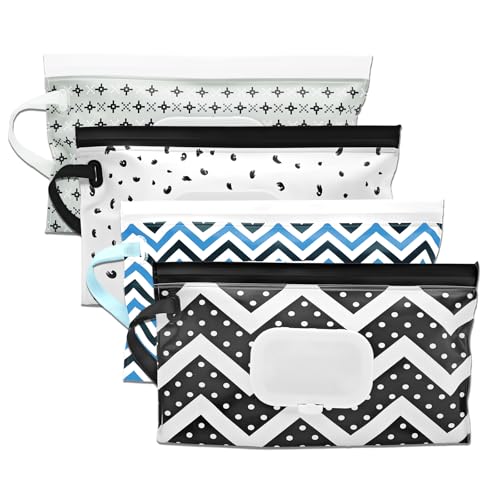 Image of 4 Packs Baby Wipes Dispenser,Portable Refillable Wipe Holder with Hanging Loop, Wet Wipes Container,Reusable Travel Baby Wipes Pouch for Indoor & Outdoor Using
