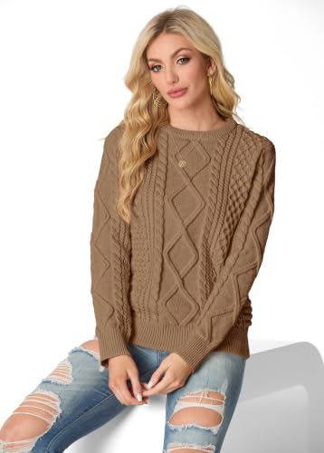 Image of GRECERELLE 2026 Womens Fall Winter Long Sleeve Casual Pullover Sweater Tops | Crewneck, Cable Knit, Chunky, Vintage Style, Anti-static(XS-2XL)