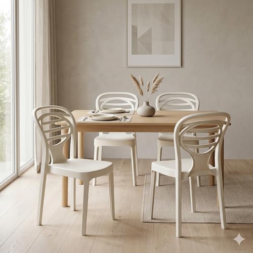 Image of Oaknest Supreme Oak Armless Plastic Dining Chair | Compact & Ergonomic Design for Home, Living Room, Balcony & Outdoor Seating | White | Set of 4