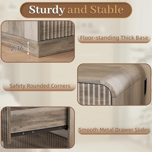 Image of Wodeer Grey Dresser Fluted Tall 5 Drawer Dresser for Bedroom, Wood Chest of Drawers with Hidden Handles & Rounded Corners, Modern Storage Cabinet and Organizer Drawers for Living Room, Hallway, Gray
