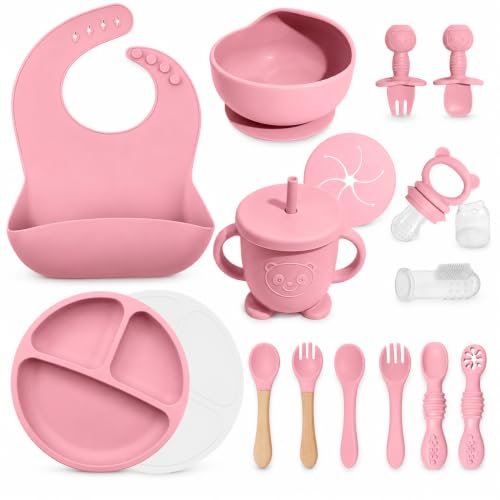 Catvegue Silicone Baby Feeding Utensils Set for 6+ Months, 17 Pcs, Pink