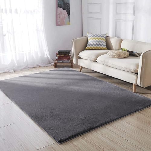 BedLooms Rugs Living Room 60x110 cm, Fluffy Faux Rabbit Fur Grey Area Rugs for Bedroom Rug – Machine Washable Rug Thick Low Pile Floor Carpet Bedside Rug for Kids Room, Non Shed & Anti Slip Rug