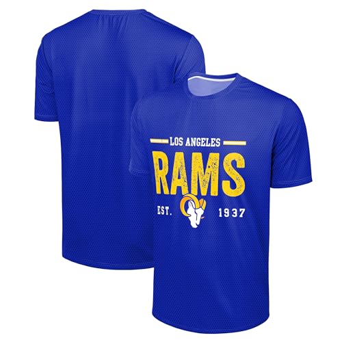 FOCO NFL Men's Officially Licensed Football Team Logo Wordmark Distressed Performance Team Color Crewneck T-Shirt, Los Angeles Rams - Blue, Medium