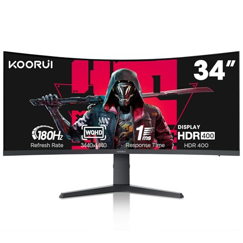 KOORUI 34 inch Ultrawide Curved Gaming Monitor, WQHD 180Hz 1000R, HDR400