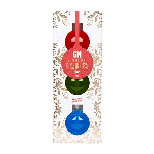 Gin Liqueur Baubles 3x5cl by Blue Tree Gifts. Festive Ornaments for Christmas Decoration, containing 3 Flavoured Gins