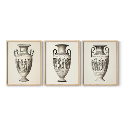 Renditions Gallery Set of 3 Peel & Stick Framed Prints, Greek Life Wall Art, Ritual Pottery Narrative Wall Decor, Re-Stickable - Ready to Hang - 22"x28" - Natural Frame LT597