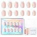 modelones French Tip Press On Nails, Short Oval Fake Nails Press Ons with Nail Glue, Adhesive Tabs, Nail File, Prep Pad, Manicure Stick, 32Pcs 16 Sizes, Nude, Valentines